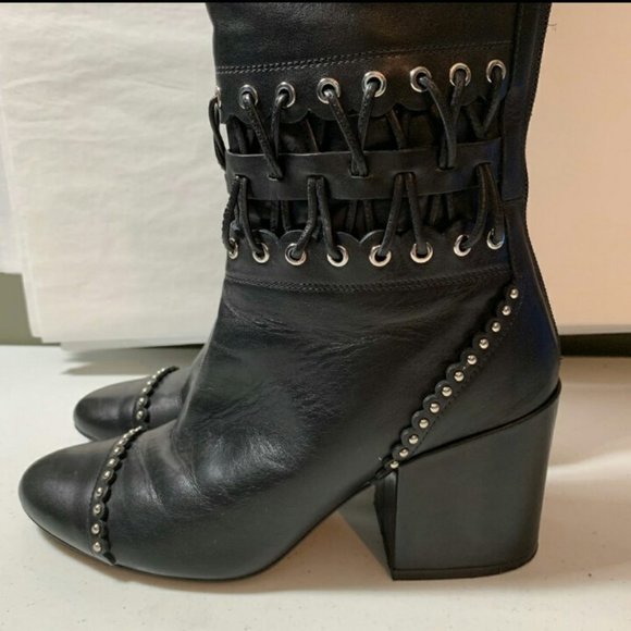 BLOCCO 5 BLACK LEATHER BOOTS GROMMETS Womens 38 / 7.5 - 8 goth witchy office - Picture 2 of 9